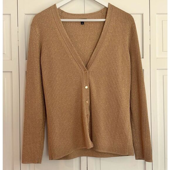 Talbots gold metallic ribbed vneck cardigan sweater m - Picture 3 of 10